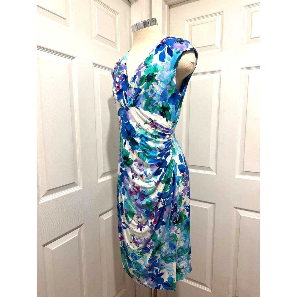 RALPH LAUREN Womens Size 12 Blue Floral Sheath Ruched Cap Sleeve Faux wrap Dress - Picture 3 of 5